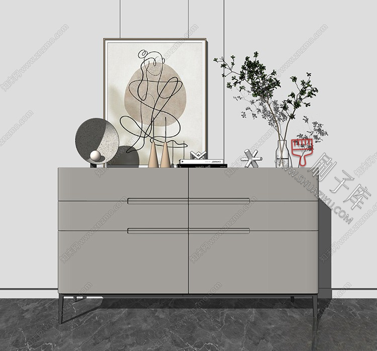 图片[13]-草图大师现代简约轻奢侘寂玄关柜边柜装饰柜端景台挂画摆件SU模型-刷子库