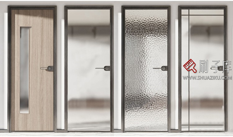 图片[3]-室内卧室单开双开实木玻璃推拉门SU模型防盗门木门草图大师谷仓门-刷子库