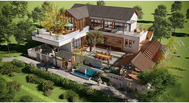 图片[3]-草图大师民宿度假村酒店中式现代别墅客栈旅游创意外观建筑SU模型-刷子库