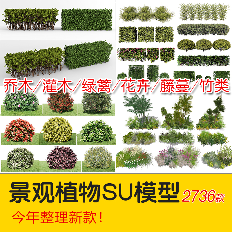 园林景观庭院植物花草树木绿篱乔木花卉灌木丛草图大师SU模型-刷子库