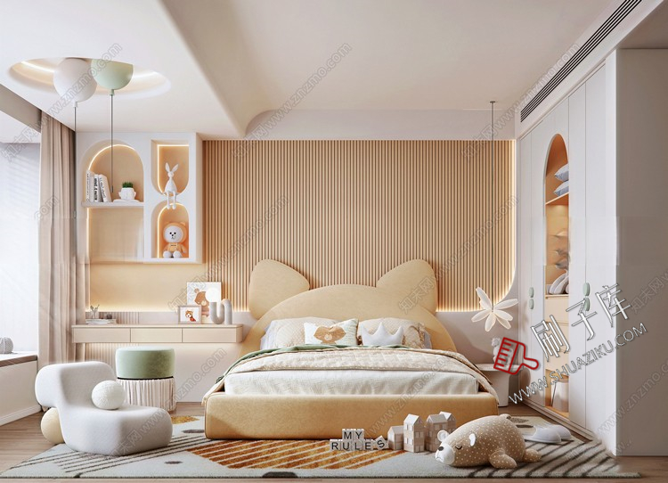 图片[1]-儿童房女孩房公主房男孩房3d模型小孩房儿童上下床卧室3dmax模型-刷子库