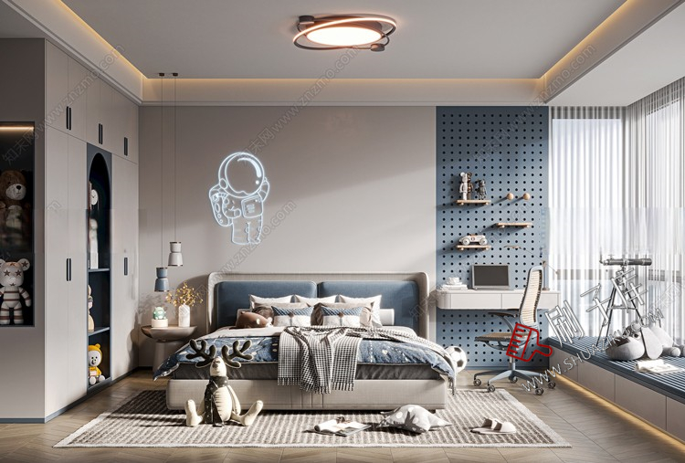 图片[3]-儿童房女孩房公主房男孩房3d模型小孩房儿童上下床卧室3dmax模型-刷子库