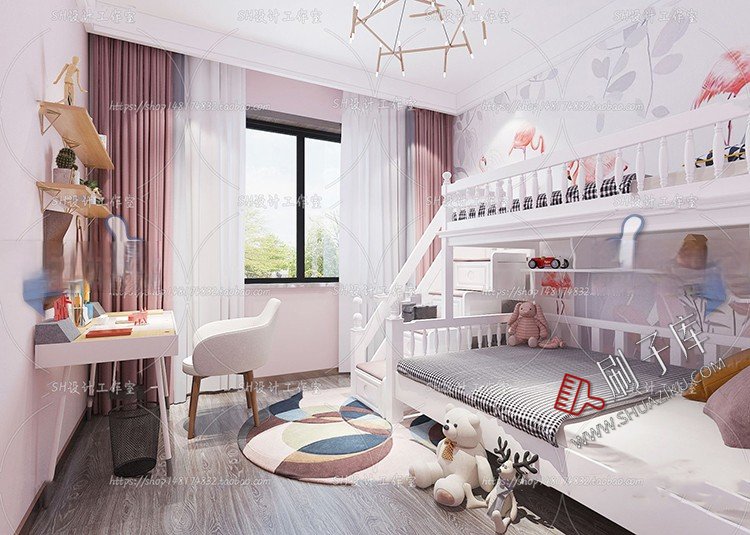 图片[28]-儿童房女孩房公主房男孩房3d模型小孩房儿童上下床卧室3dmax模型-刷子库