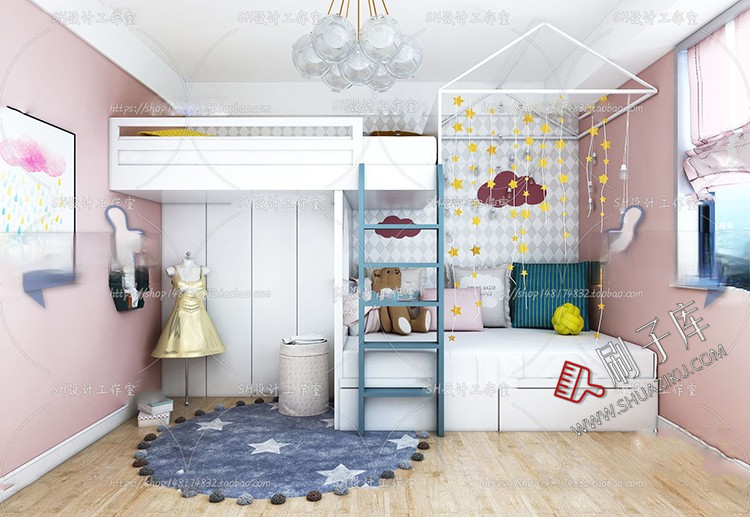 图片[33]-儿童房女孩房公主房男孩房3d模型小孩房儿童上下床卧室3dmax模型-刷子库