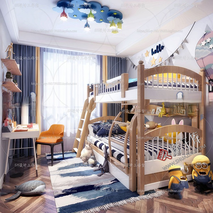 图片[44]-儿童房女孩房公主房男孩房3d模型小孩房儿童上下床卧室3dmax模型-刷子库