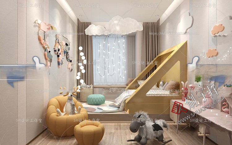 图片[47]-儿童房女孩房公主房男孩房3d模型小孩房儿童上下床卧室3dmax模型-刷子库