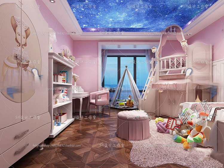 图片[61]-儿童房女孩房公主房男孩房3d模型小孩房儿童上下床卧室3dmax模型-刷子库