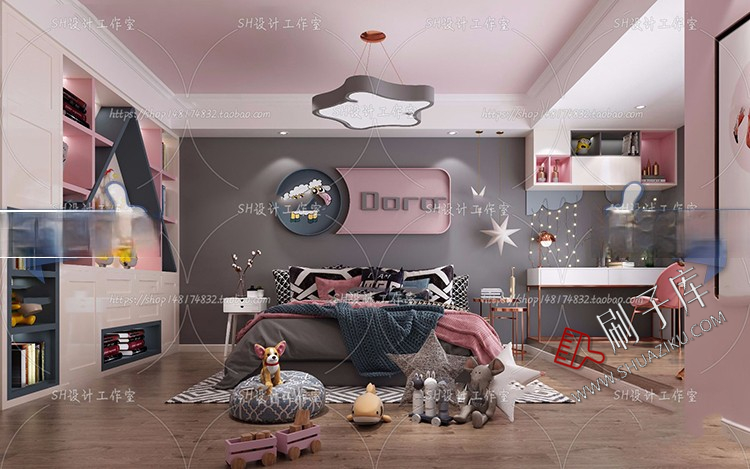 图片[63]-儿童房女孩房公主房男孩房3d模型小孩房儿童上下床卧室3dmax模型-刷子库