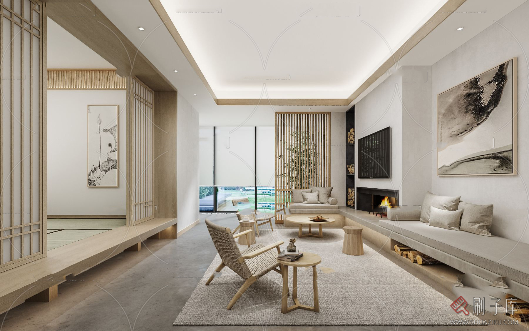 图片[18]-日式风格3d模型家装新中式禅意卧室客厅餐厅茶楼设计3dmax-刷子库