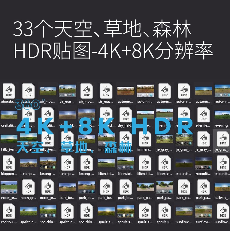 [顶级贴图]33个天空、草地、森林360°HDR贴图-4K+8K分辨率-刷子库