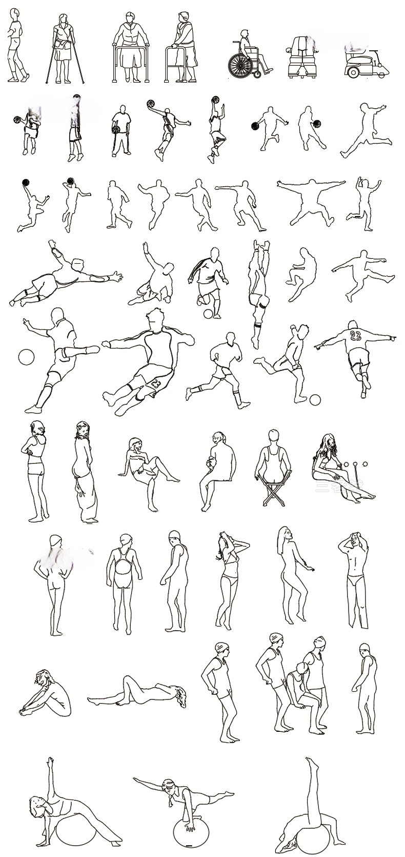 图片[11]-人物造型平面立面CAD图库图块站坐俯视人体工程设计素材运动线稿-刷子库