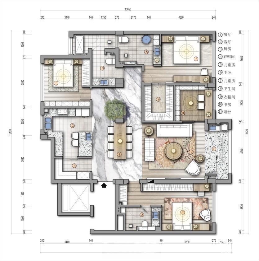 家装户型图室内设计平面布局方案ps分层PSD彩平图源文件-刷子库